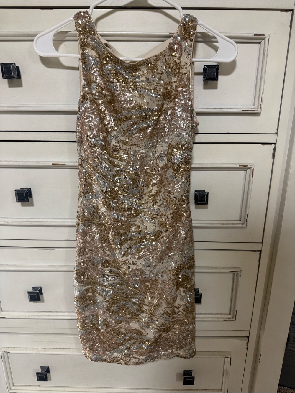 Bebe Gold Champagne Sequin Bodycon Mini Dress XXS